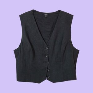 Express Womens Linen Vest Black Button Front Sleeveless V-Neck Top XXL New